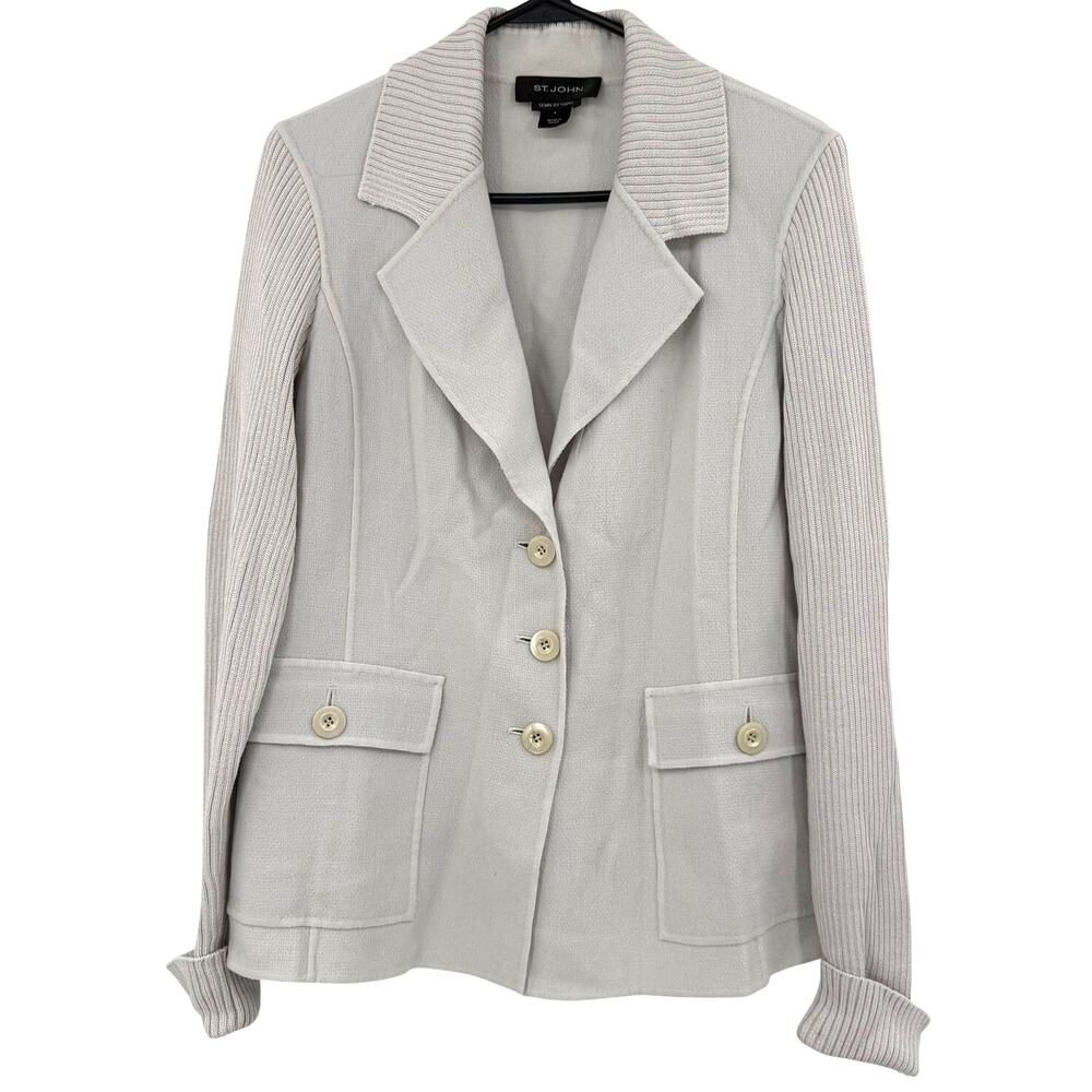 St.‎ John Size 6 Cream Knit Blazer Sweater Cardigan Sewn by Hand 100% Wool